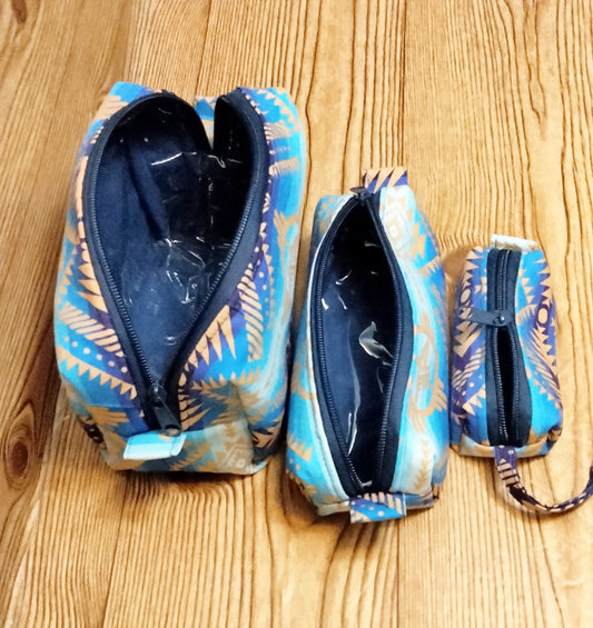 Blue Tribal Print Set of 3 Box Toiletry Bag Gift Set