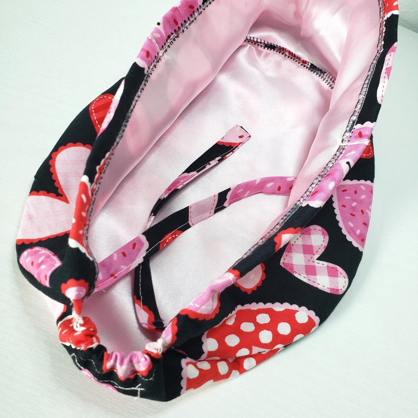 Hearts Patch Scrub Cap: Cotton Bouffant Bonnet with Satin Lining option