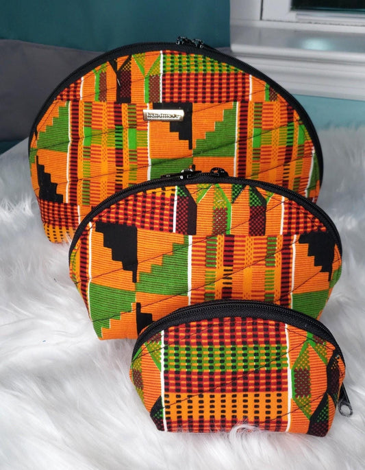 Kente Print Clamshell Bag Set | African Inspired Cosmetic Pouch | Makeup & Travel Organizer | Black-Owned Gift for Women