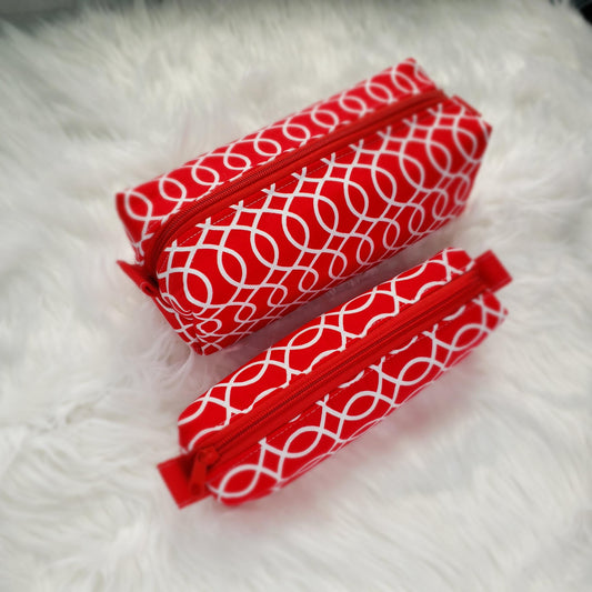 Cosmetic Bag Box Makeup Toiletries Accessories Pouch Gift Set of 2 Red and White
