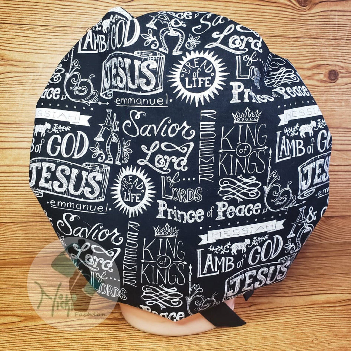In Jesus Name Scrub Bonnet Satin Lined or Cotton Bouffant with Buttons & Ties option FREE Scrunchy limited time