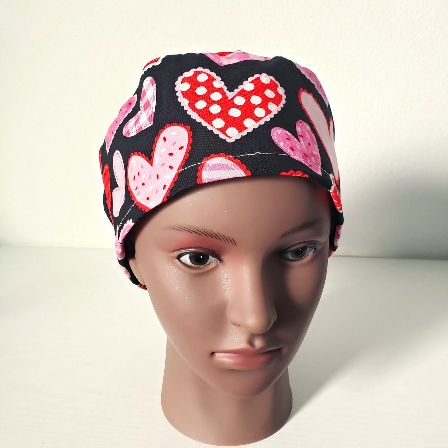 Hearts Patch Scrub Cap: Cotton Bouffant Bonnet with Satin Lining option