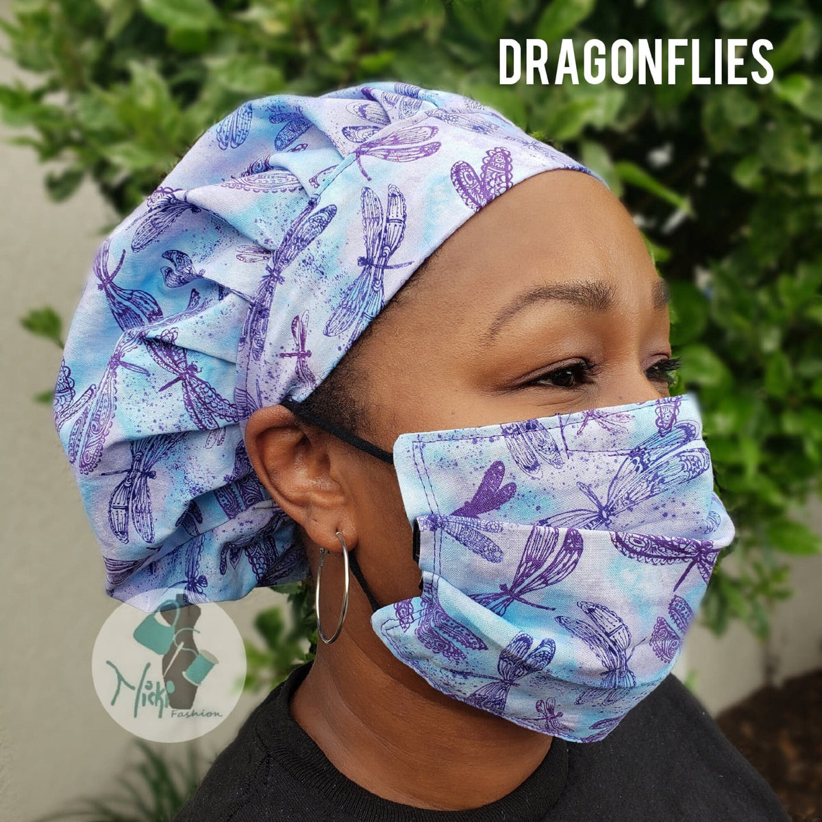 Purple Dragonfly Satin lined or Cotton Bouffant Bonnet w/Ties & Button Ear Saver