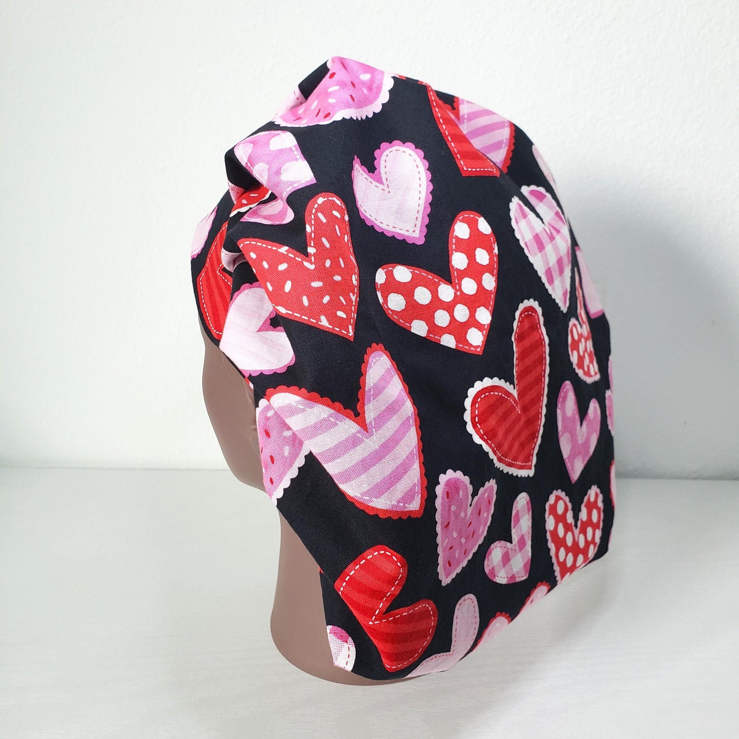 Hearts Patch Scrub Cap: Cotton Bouffant Bonnet with Satin Lining option