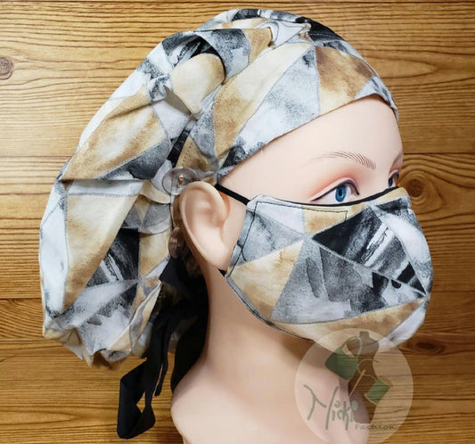 Stain Glass Scrub Cap: Cotton Bouffant Bonnet with Buttons, Ties, Mask Options