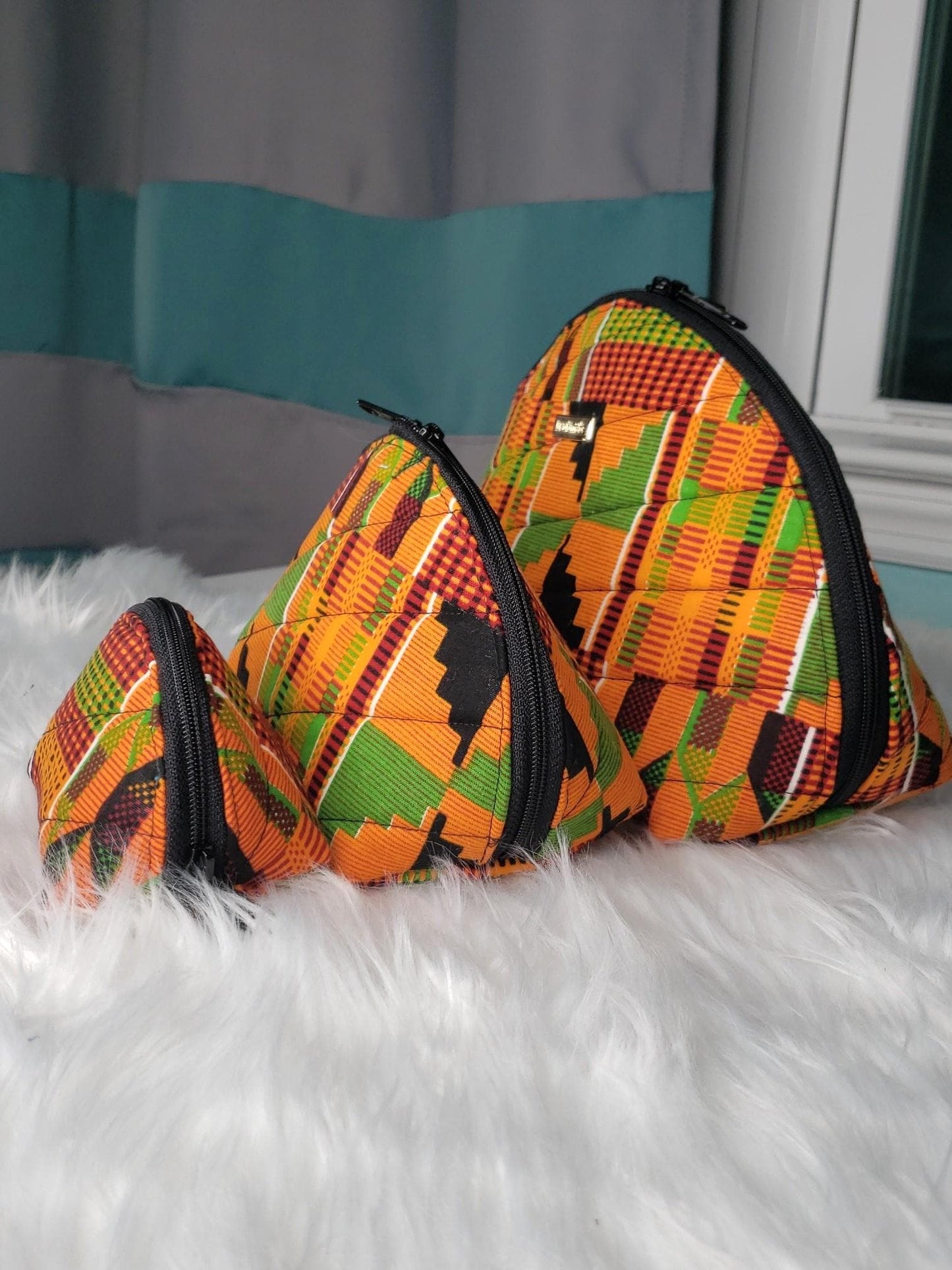 Kente Print Clamshell Bag Set | African Inspired Cosmetic Pouch | Makeup & Travel Organizer | Black-Owned Gift for Women