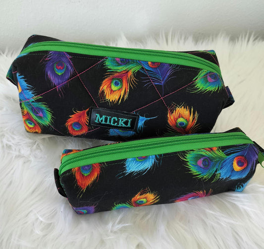 Quilted Makeup Toiletries Colorful Multicolor Peacock Feathers Cosmetic Bag Accessories Gift Set