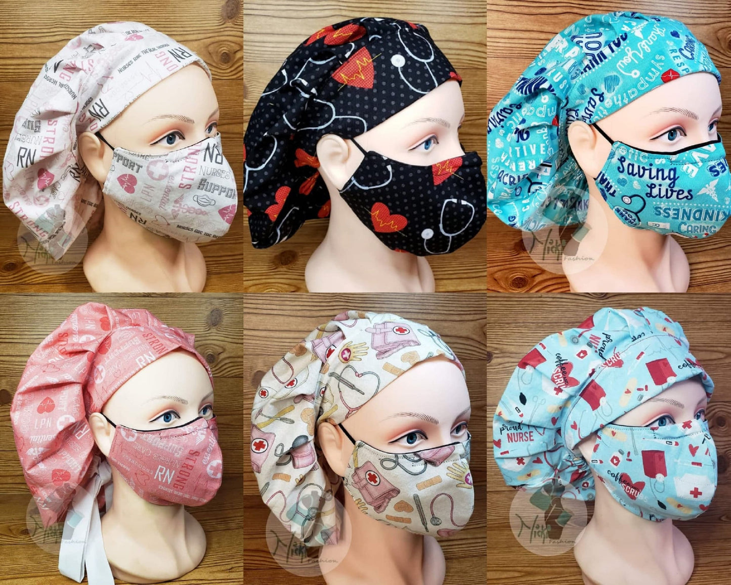 Medical Scrub Bouffant Set: Cotton Bonnet with Matching Face Mask