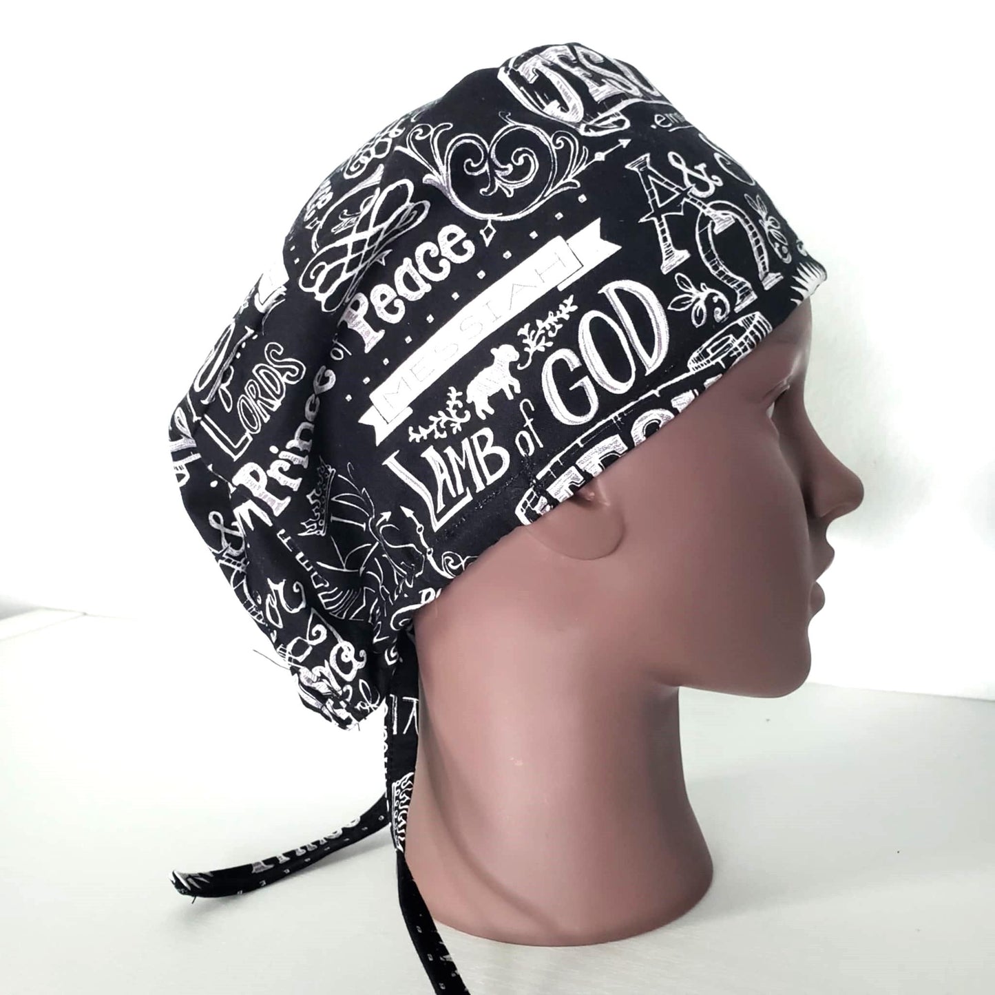 In Jesus Name Scrub Cap Tie Back: Cotton Nurse Hat with Optional Satin Lining and Button Ear Savers