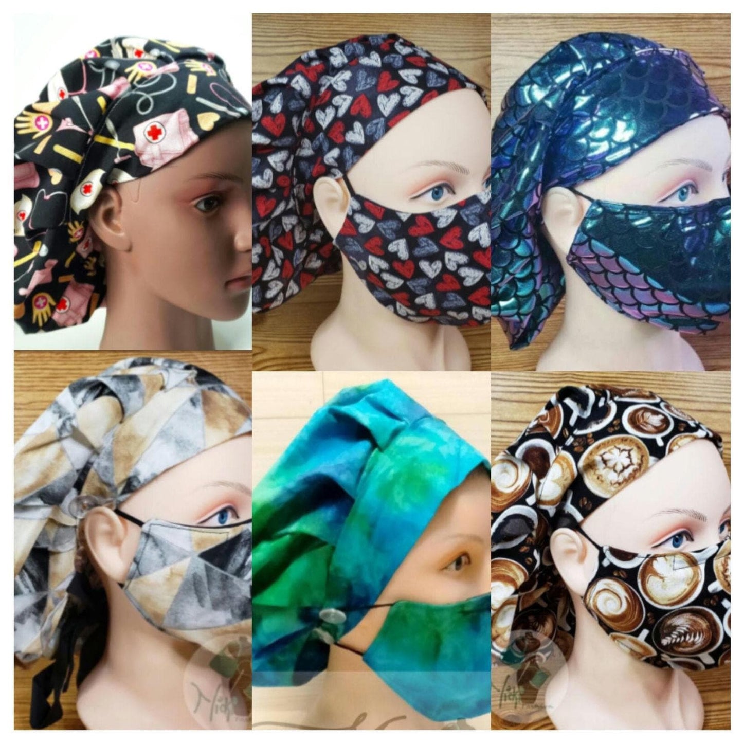 Medical Scrub Bouffant Set: Cotton Bonnet with Matching Face Mask