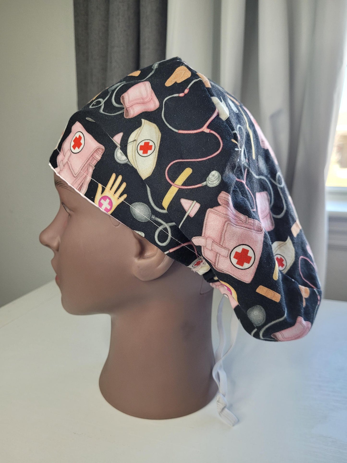 European Style Scrub Hat: Cotton Cap with Satin lining, optional Button Ear Savers