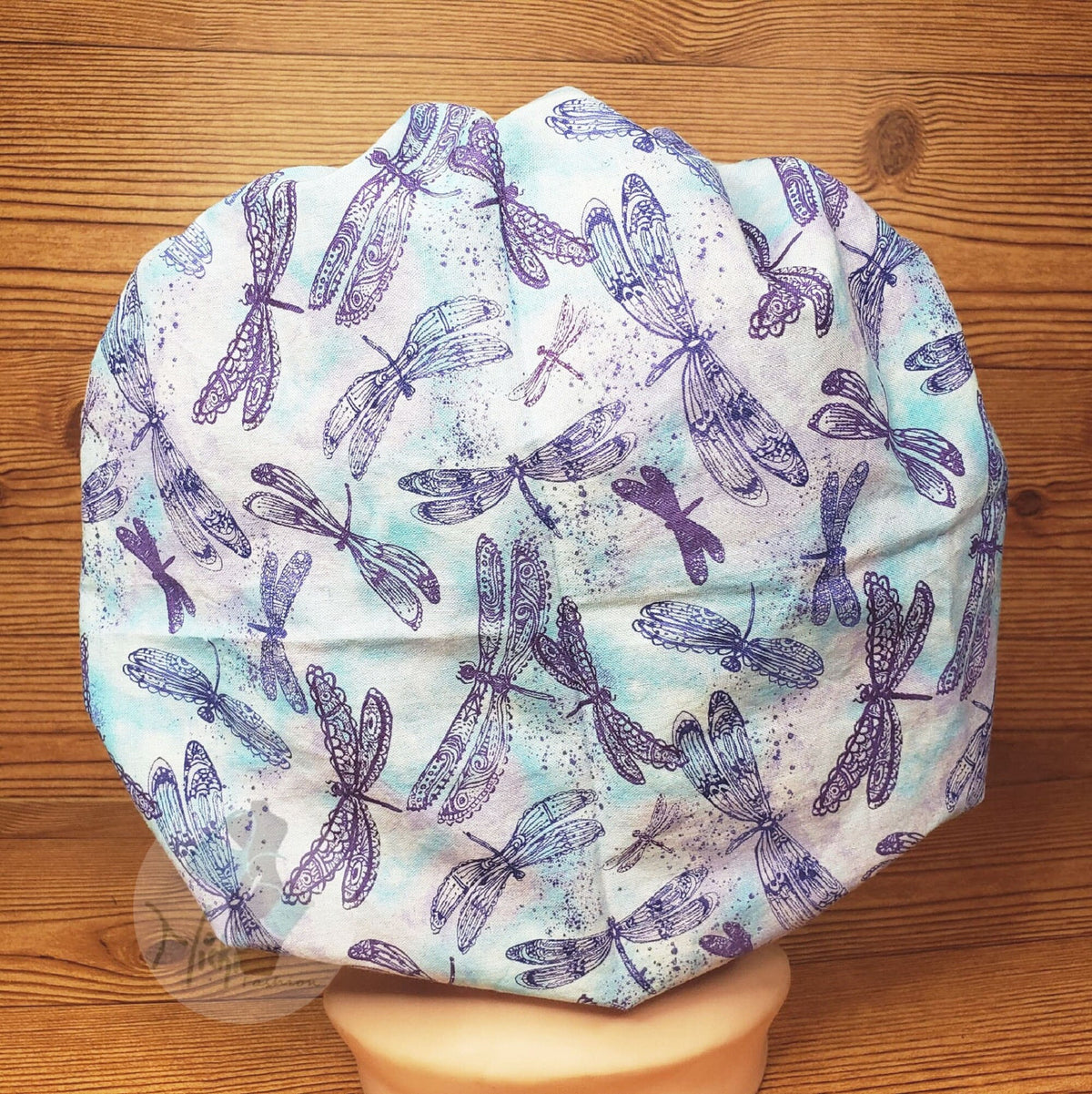 Purple Dragonfly Satin lined or Cotton Bouffant Bonnet w/Ties & Button Ear Saver