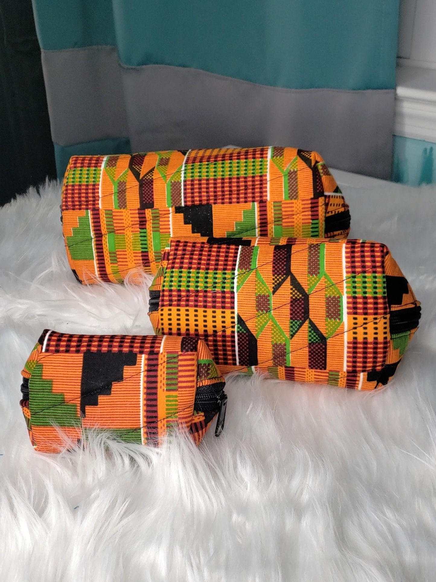Kente Print Clamshell Bag Set | African Inspired Cosmetic Pouch | Makeup & Travel Organizer | Black-Owned Gift for Women