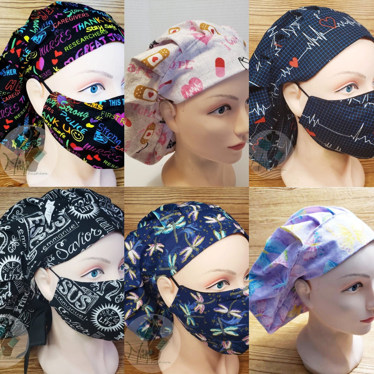 Medical Scrub Bouffant Set: Cotton Bonnet with Matching Face Mask