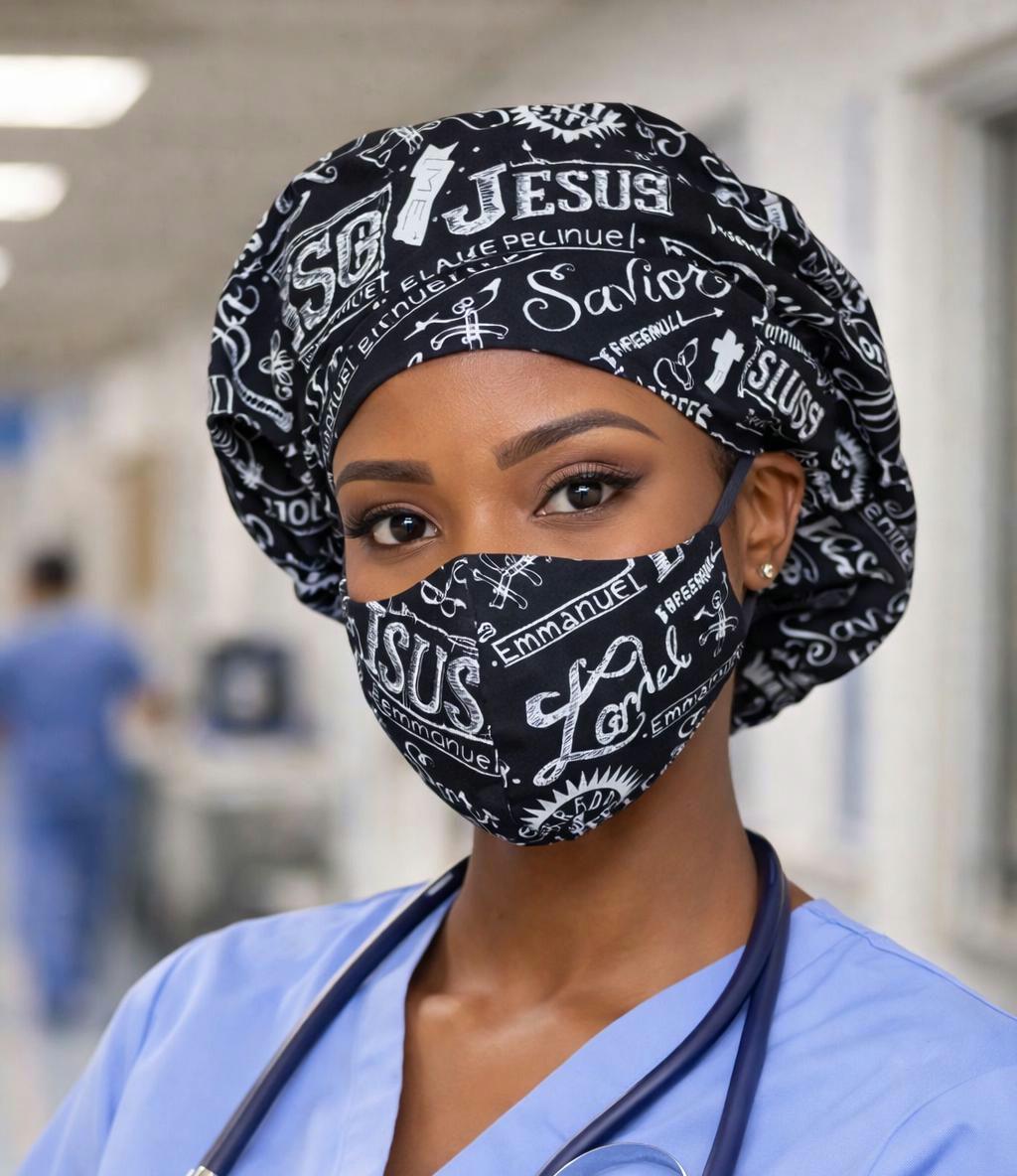 In Jesus Name Scrub Bonnet Satin Lined or Cotton Bouffant with Buttons & Ties option FREE Scrunchy limited time