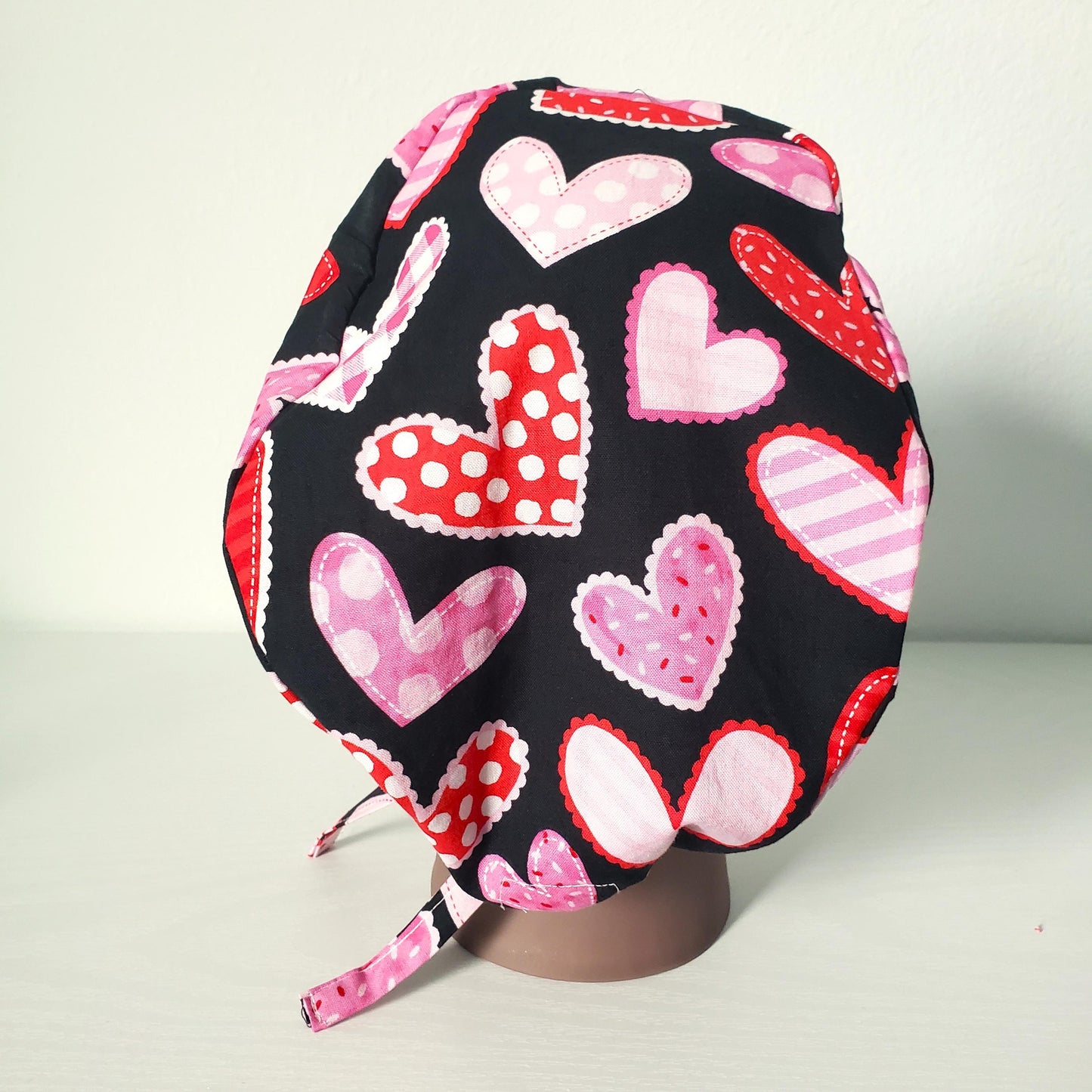 Hearts Patch Scrub Cap: Cotton Bouffant Bonnet with Satin Lining option