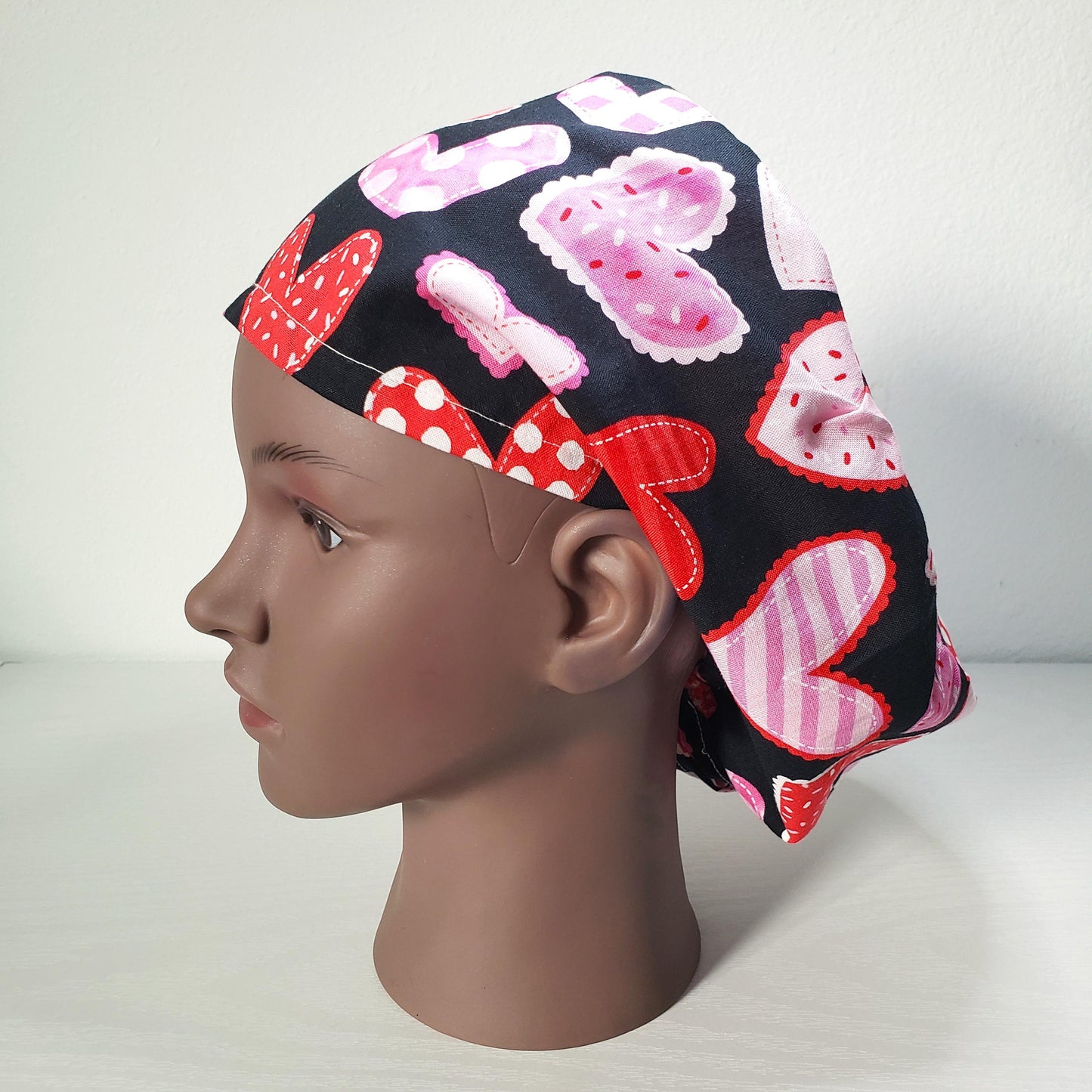 Hearts Patch Scrub Cap: Cotton Bouffant Bonnet with Satin Lining option