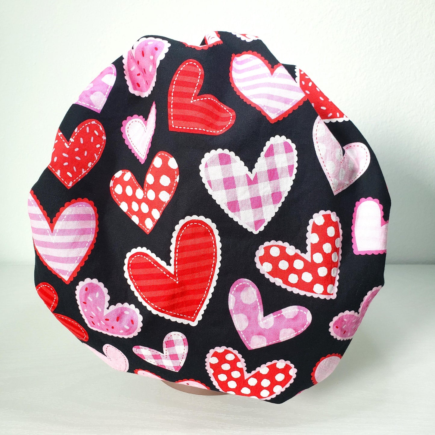 Hearts Patch Scrub Cap: Cotton Bouffant Bonnet with Satin Lining option