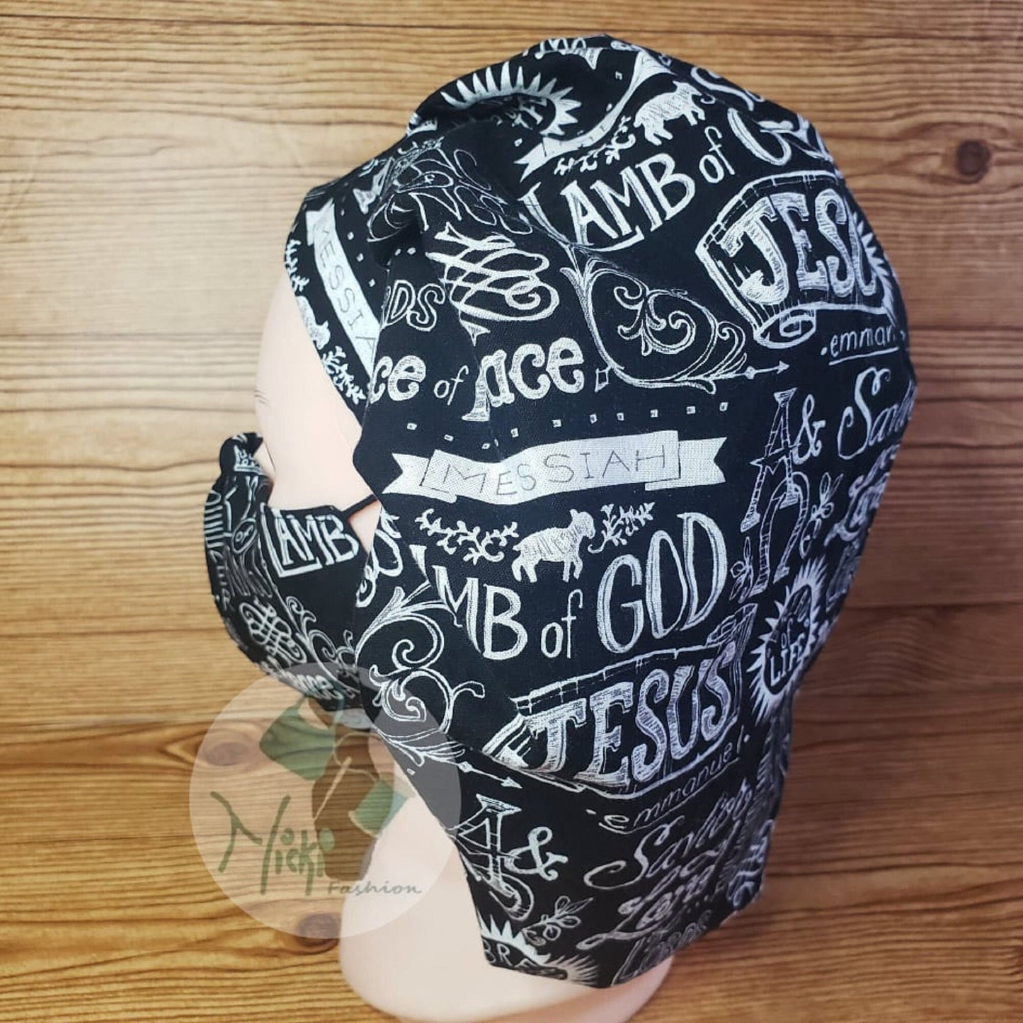In Jesus Name Scrub Bonnet Satin Lined or Cotton Bouffant with Buttons & Ties option FREE Scrunchy limited time