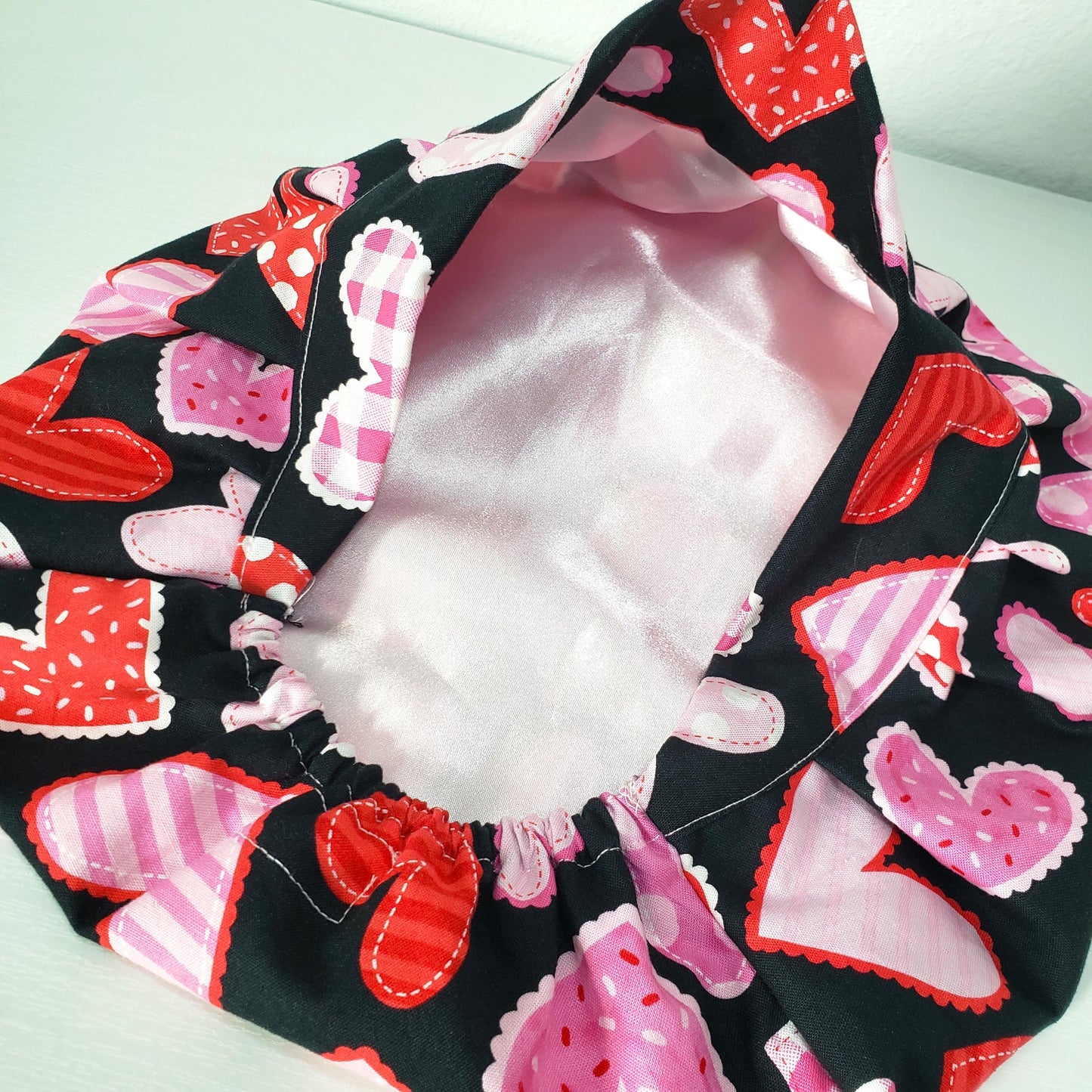 Hearts Patch Scrub Cap: Cotton Bouffant Bonnet with Satin Lining option