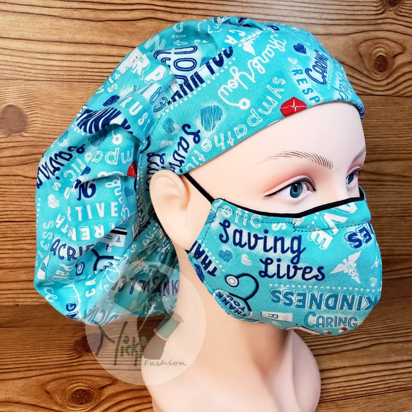 Medical Scrub Bouffant Set: Cotton Bonnet with Matching Face Mask