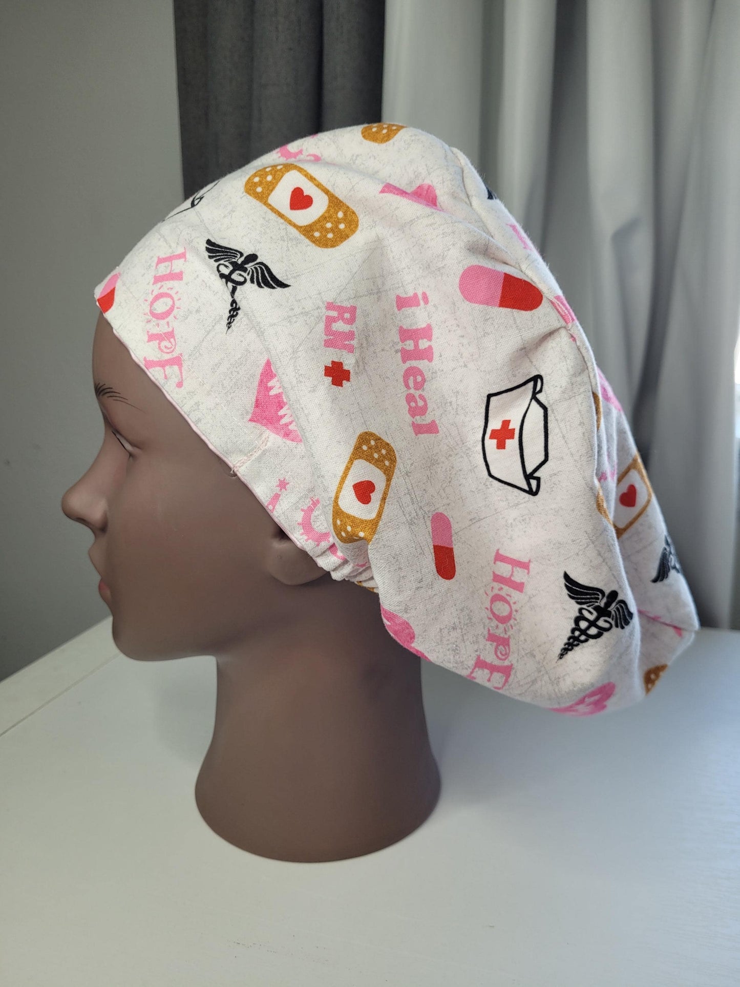 European Style Scrub Hat: Cotton Cap with Satin lining, optional Button Ear Savers