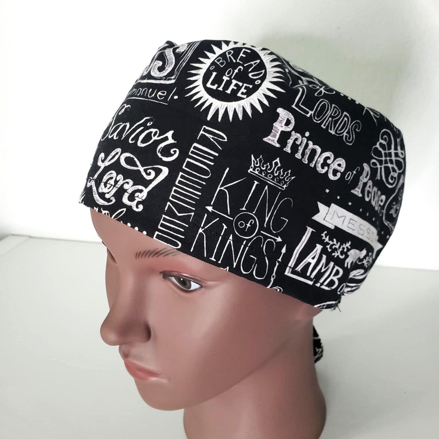 In Jesus Name Scrub Cap Tie Back: Cotton Nurse Hat with Optional Satin Lining and Button Ear Savers