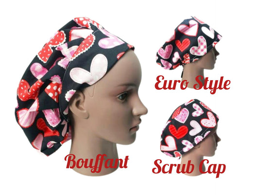 Hearts Patch Scrub Cap: Cotton Bouffant Bonnet with Satin Lining option