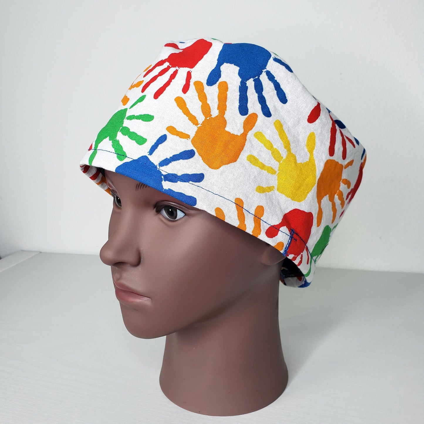 Finger Painting Scrub Cap: Cotton Nurse Hat with Button Ear Savers