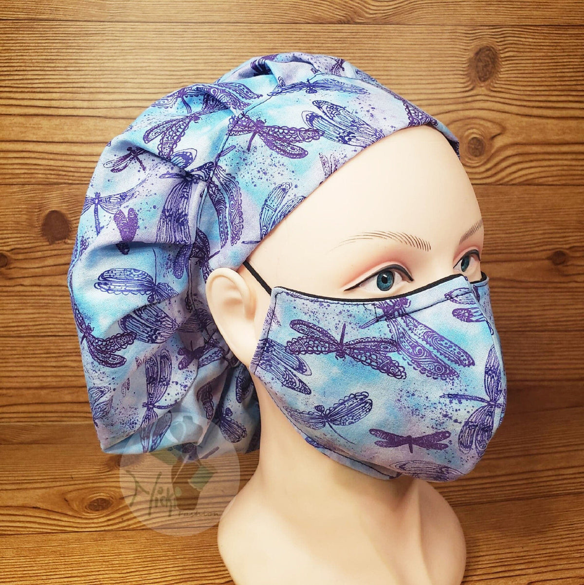 Purple Dragonfly Satin lined or Cotton Bouffant Bonnet w/Ties & Button Ear Saver