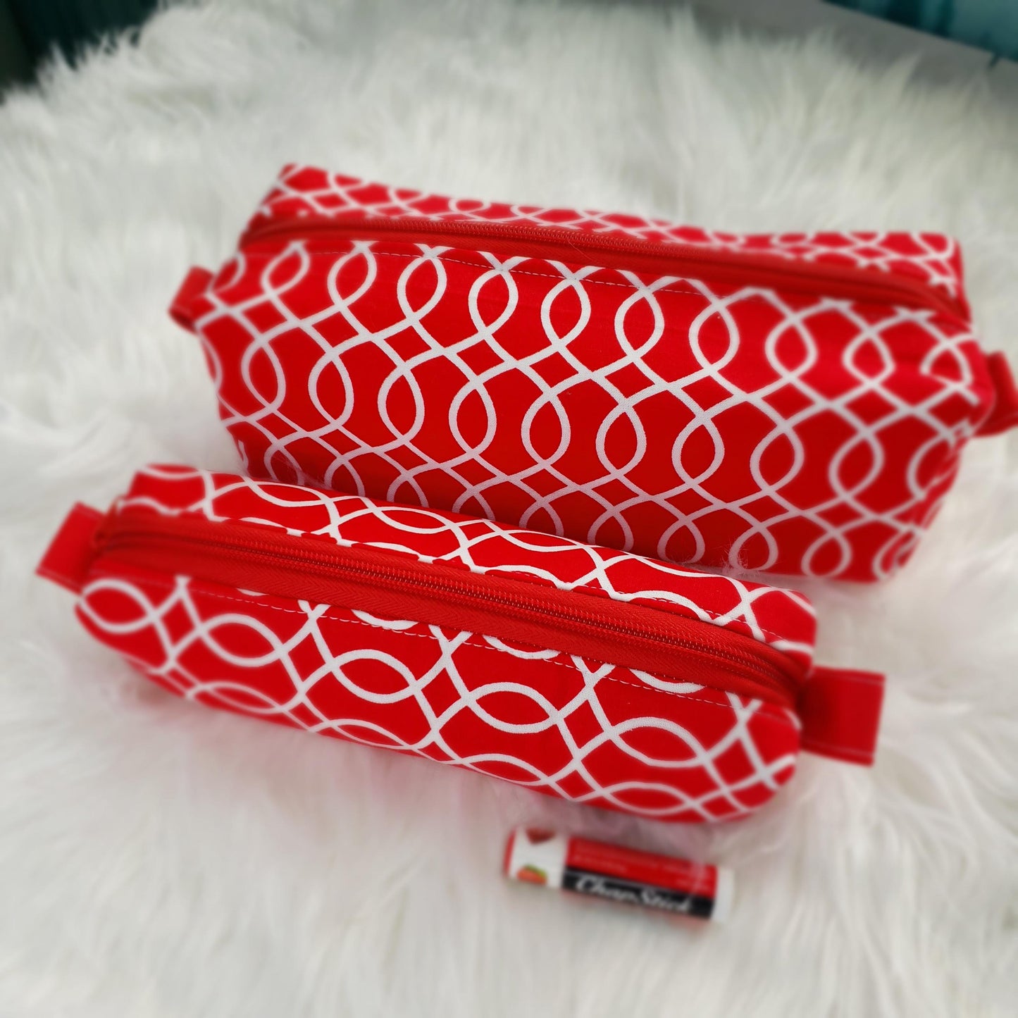 Cosmetic Bag Box Makeup Toiletries Accessories Pouch Gift Set of 2 Red and White