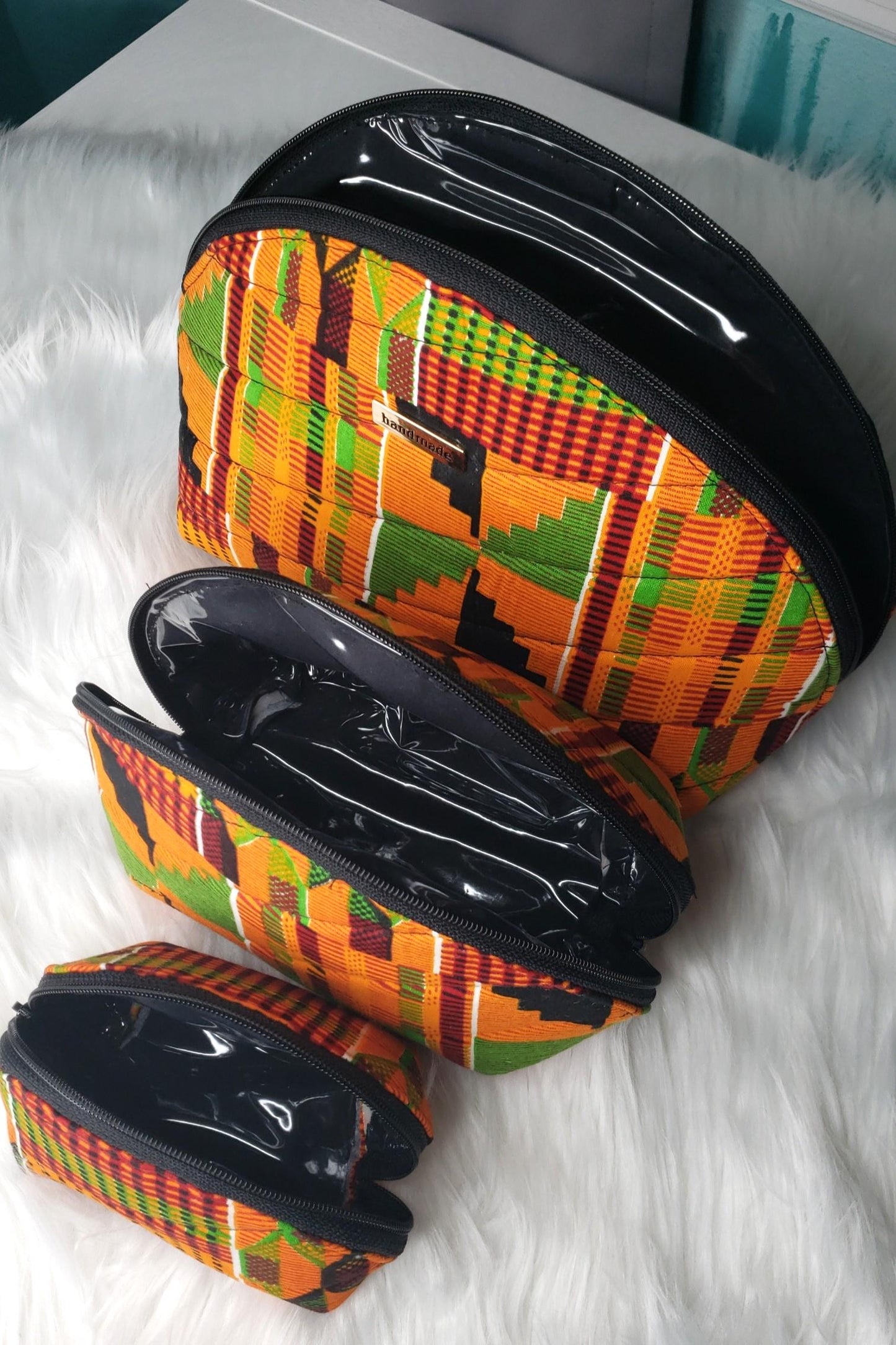 Kente Print Clamshell Bag Set | African Inspired Cosmetic Pouch | Makeup & Travel Organizer | Black-Owned Gift for Women