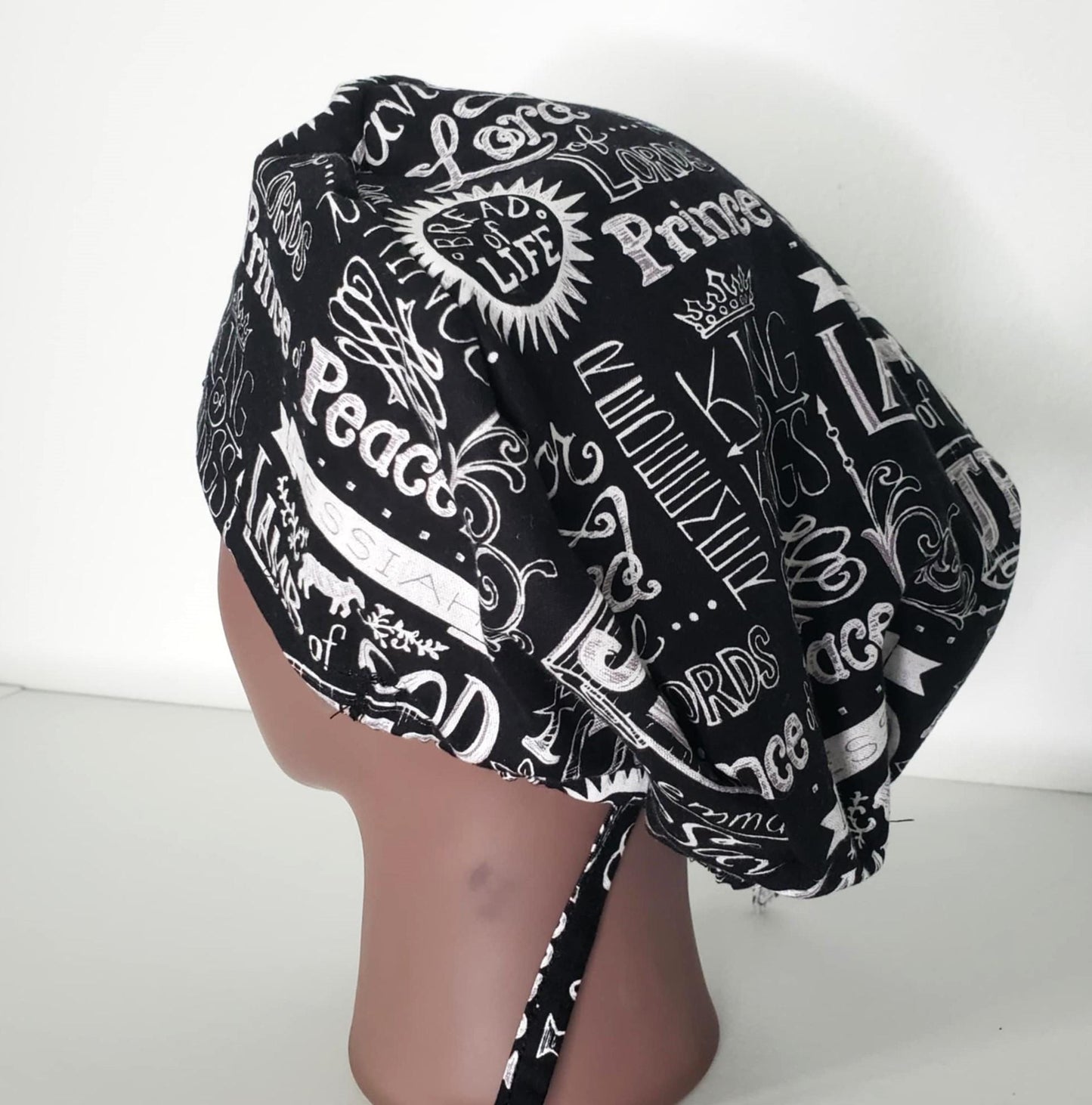 In Jesus Name Scrub Cap Tie Back: Cotton Nurse Hat with Optional Satin Lining and Button Ear Savers