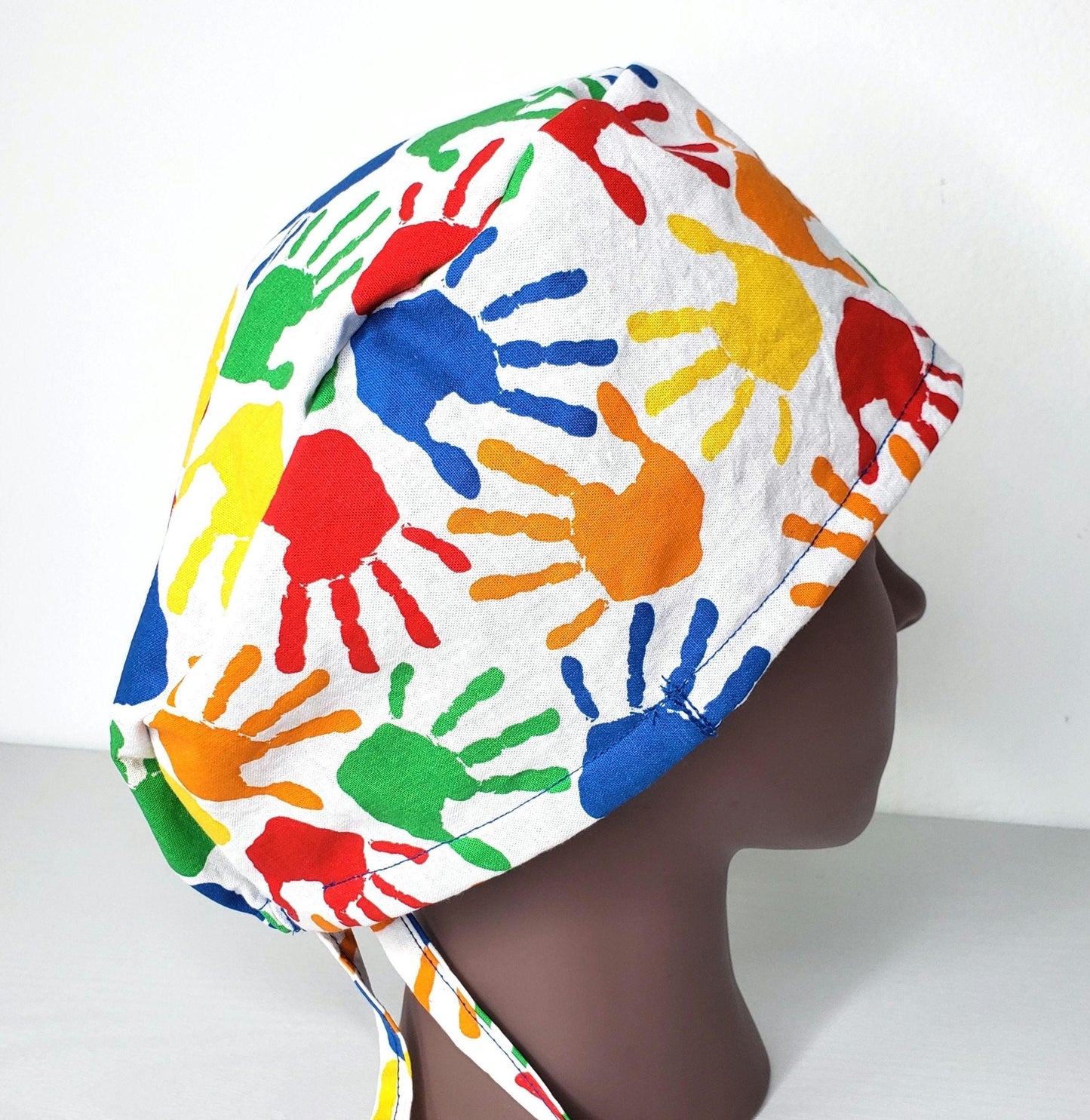 Finger Painting Scrub Cap: Cotton Nurse Hat with Button Ear Savers