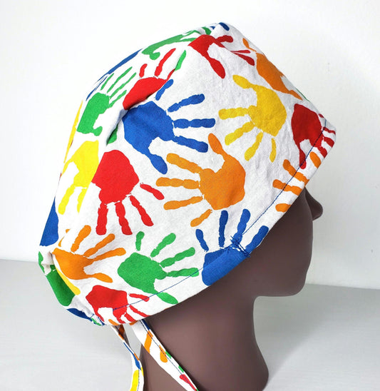 Finger Painting Scrub Cap: Cotton Nurse Hat with Button Ear Savers