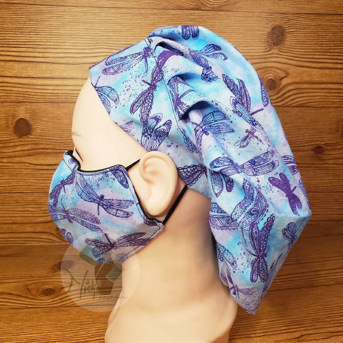 Purple Dragonfly Satin lined or Cotton Bouffant Bonnet w/Ties & Button Ear Saver