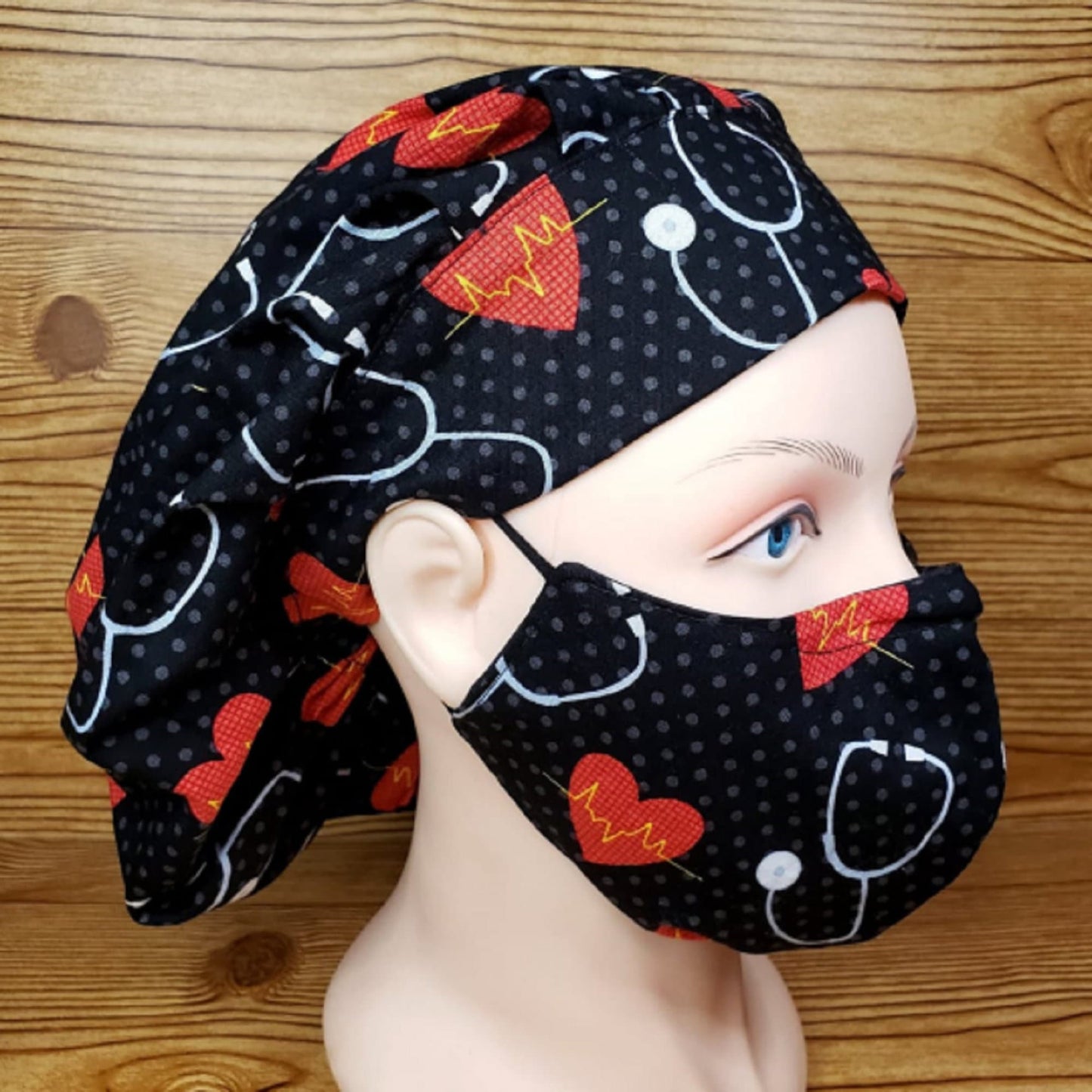 Medical Scrub Bouffant Set: Cotton Bonnet with Matching Face Mask