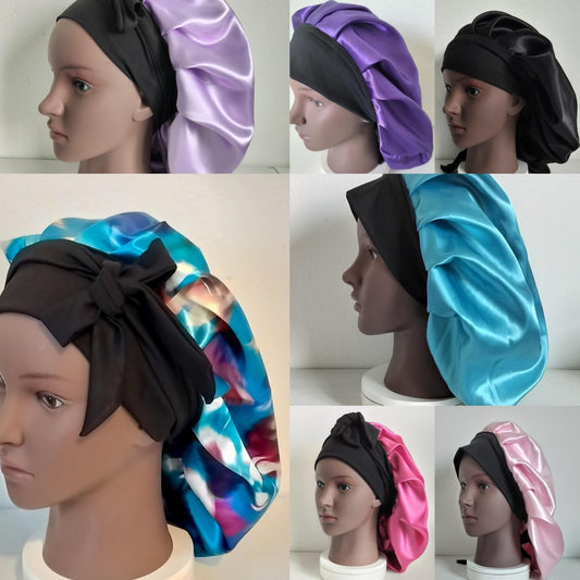 Satin Sleep Double Layer Reversible Bonnets Multiple Colors with Soft Stretchy Band and Ties